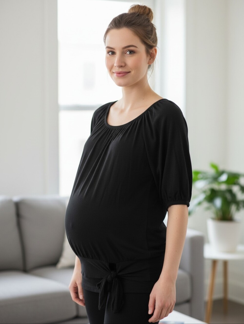 Thyme Maternity Black Scoop-Neck Tie-Front Tunic